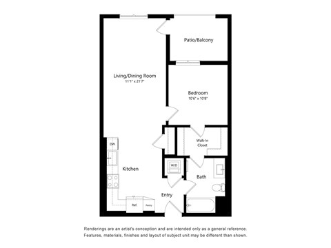 Floor plan for 1 bed, 1 bath, 738 sqft